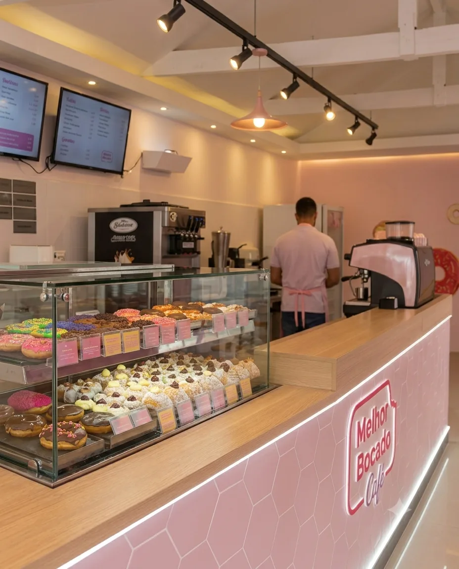 Balcão do Melhor Bocado Café abastecido com donuts